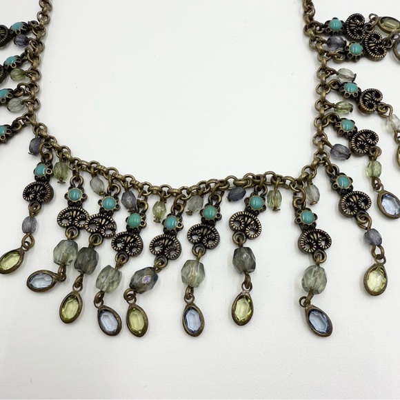 Avon Bohemian Antiqued Brass Turquoise Enamel Dangle Blue Green Bib Necklace - Picture 5 of 8